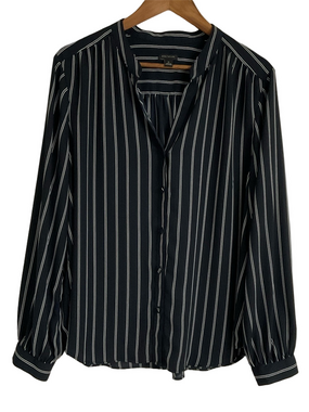 Ann Taylor Striped Banded Collar Button-Up Blouse in Navy and White Stripes XL